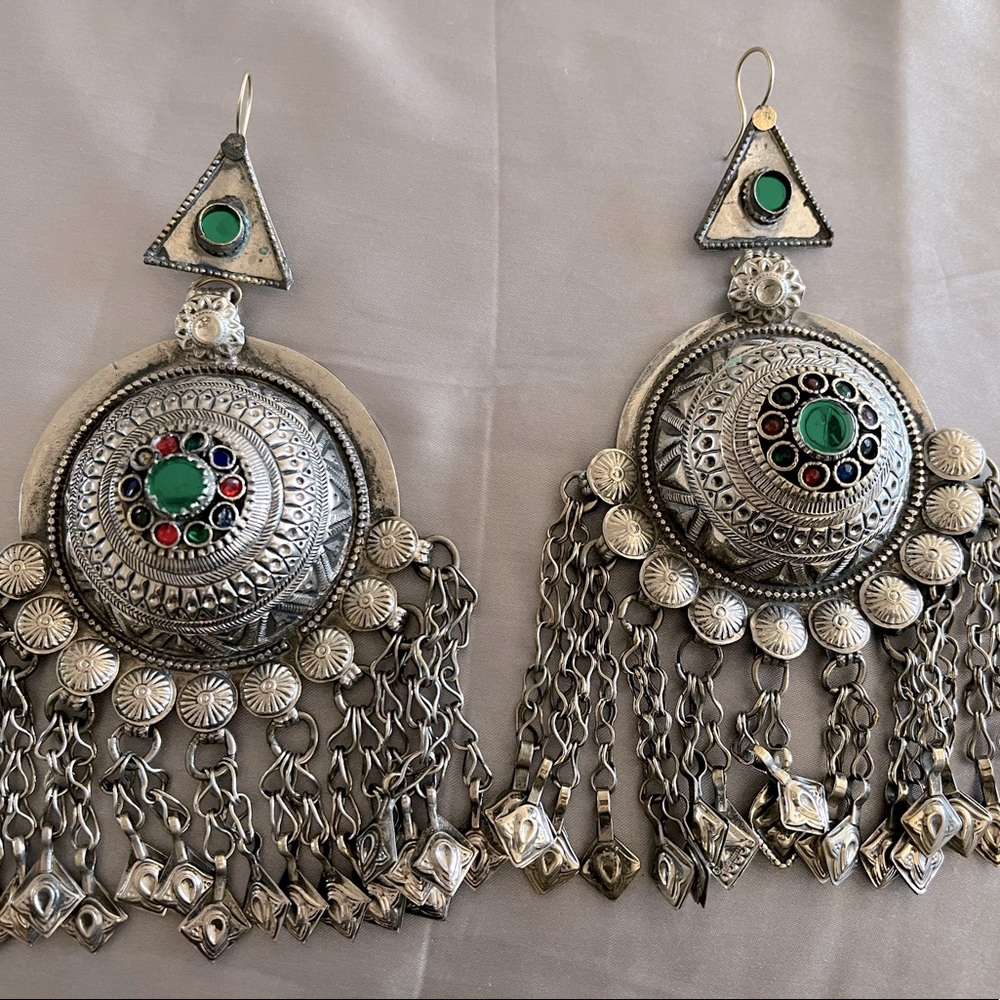 Authentic Afghani shoulder duster oxidized silver earrings NWOT